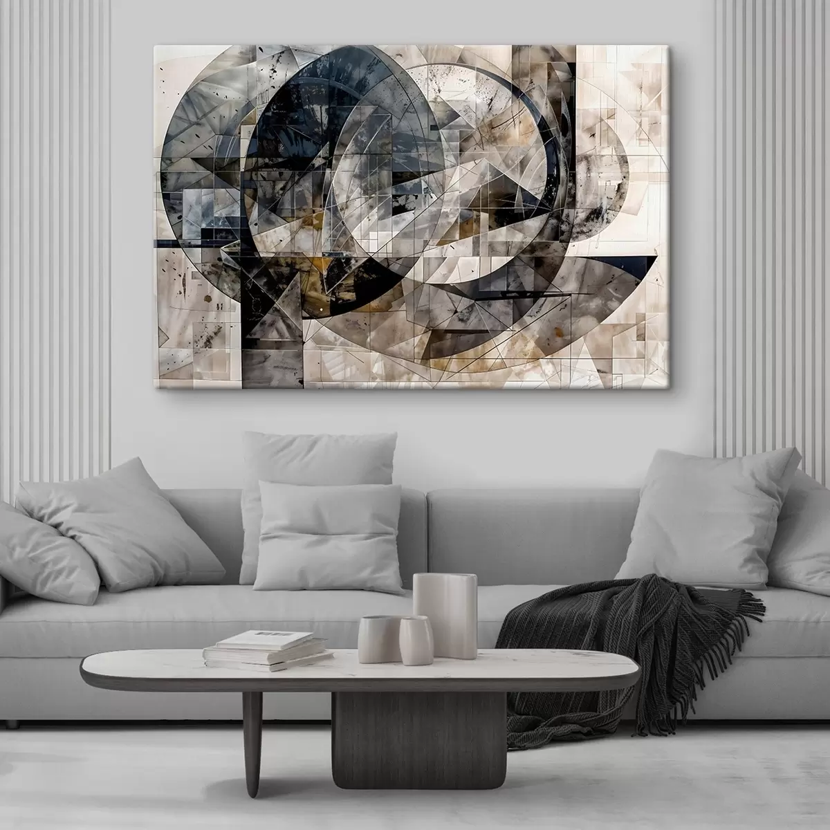  Peintures Composition géométrique abstraite et moderne avec des formes qui se chevauchent et des imprimés dans les tons gris, noirs et beiges s42212