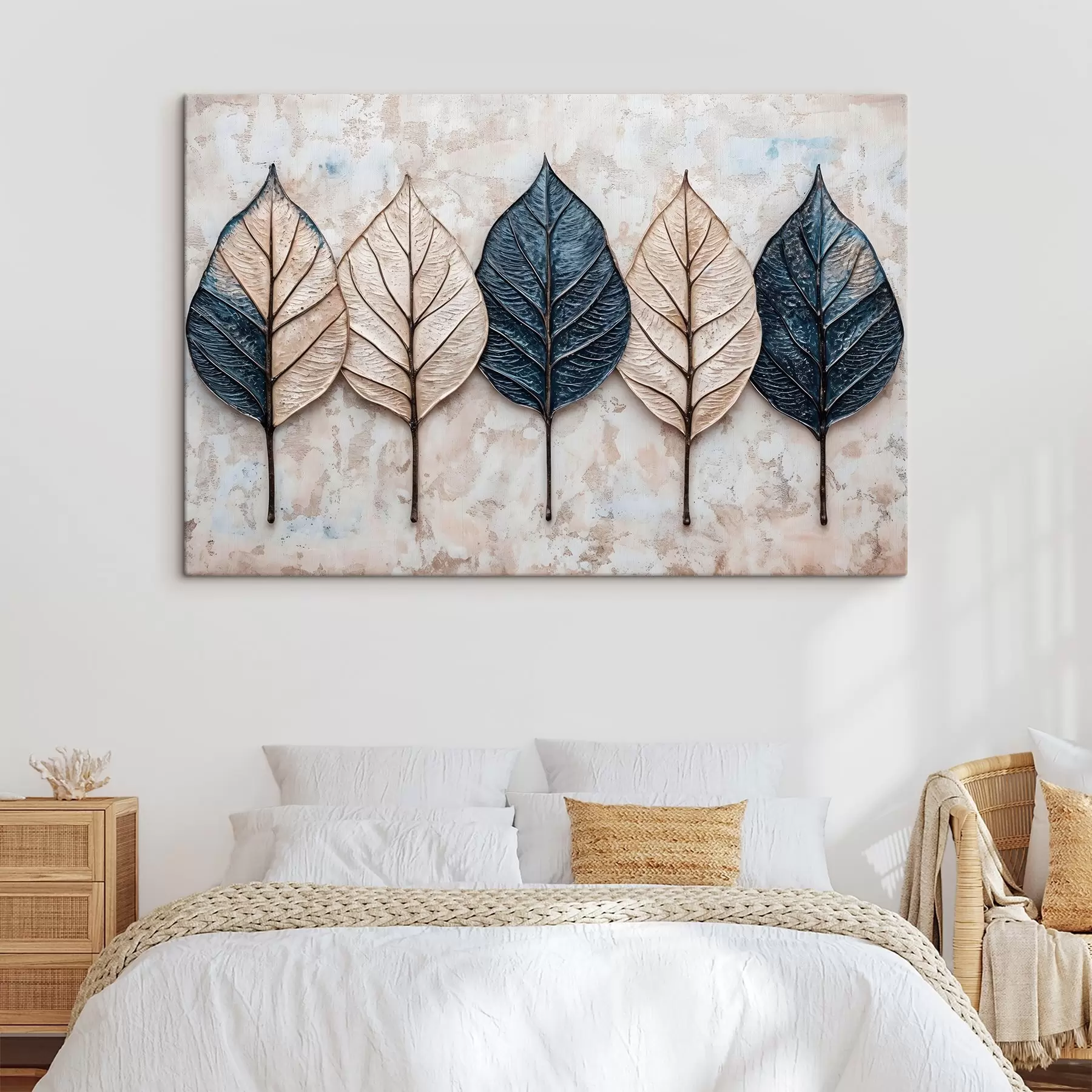 Papier peint photo Feuilles d'automne abstraites assorties dans différentes nuances de brun, de beige et de bleu, disposées en rang sur un fond clair s42217