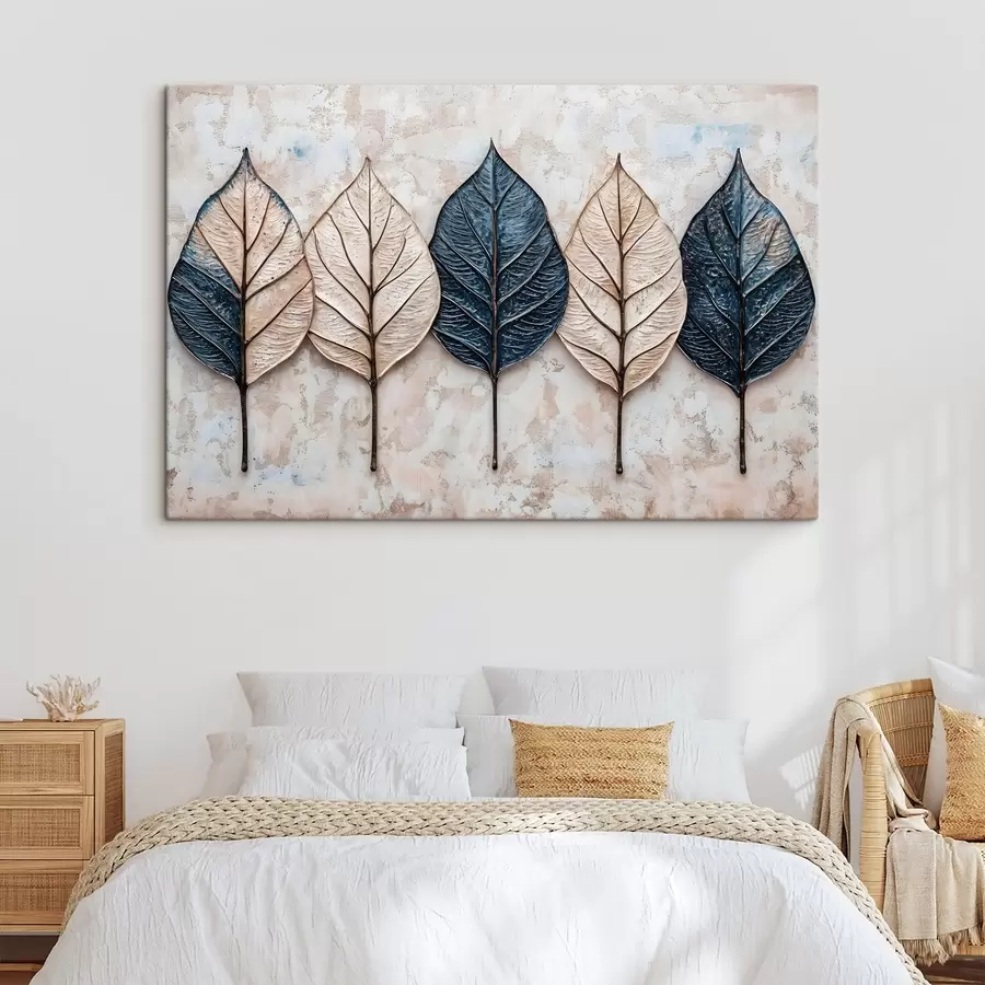  Schilderijen Geassorteerde abstracte herfstbladeren in verschillende tinten bruin, beige en blauw, gerangschikt in een rij op een lichte achtergrond s42217