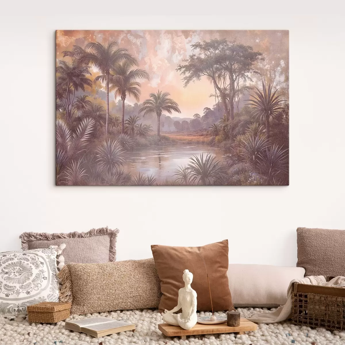  Schilderijen Een tropisch landschap met een sereen meer omringd door weelderige palmbomen en ander gebladerte s42219