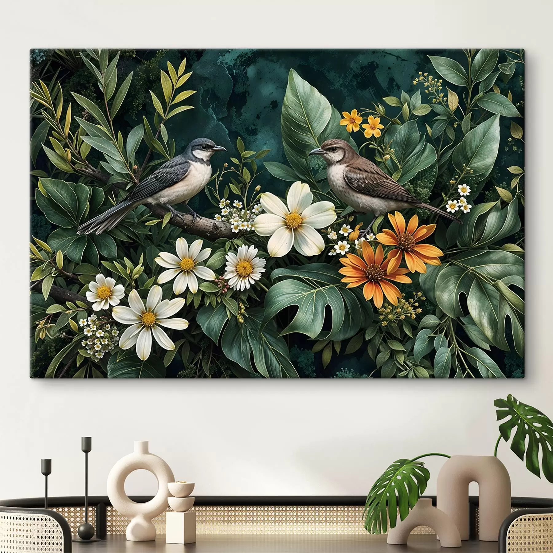 Fotobehang Kleine vogels zitten op takken omringd door weelderig tropisch gebladerte, inclusief grote groene bladeren en kleurrijke bloemen s42220