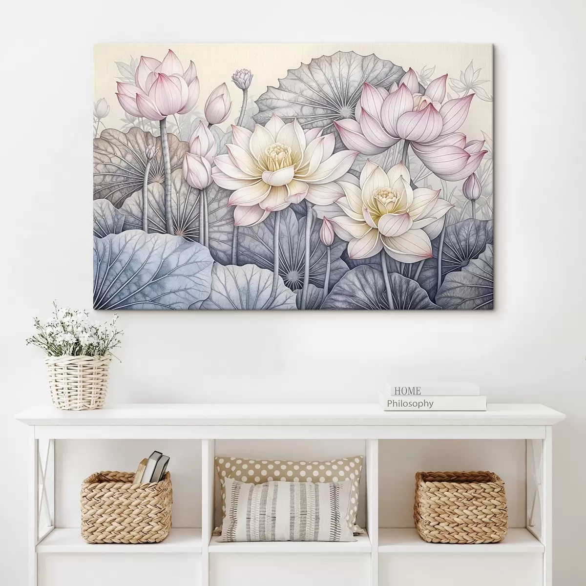  Peintures Grandes fleurs de lotus roses et blanches avec des feuilles et des tiges vertes sur un fond clair avec des pétales et des centres détaillés s42221