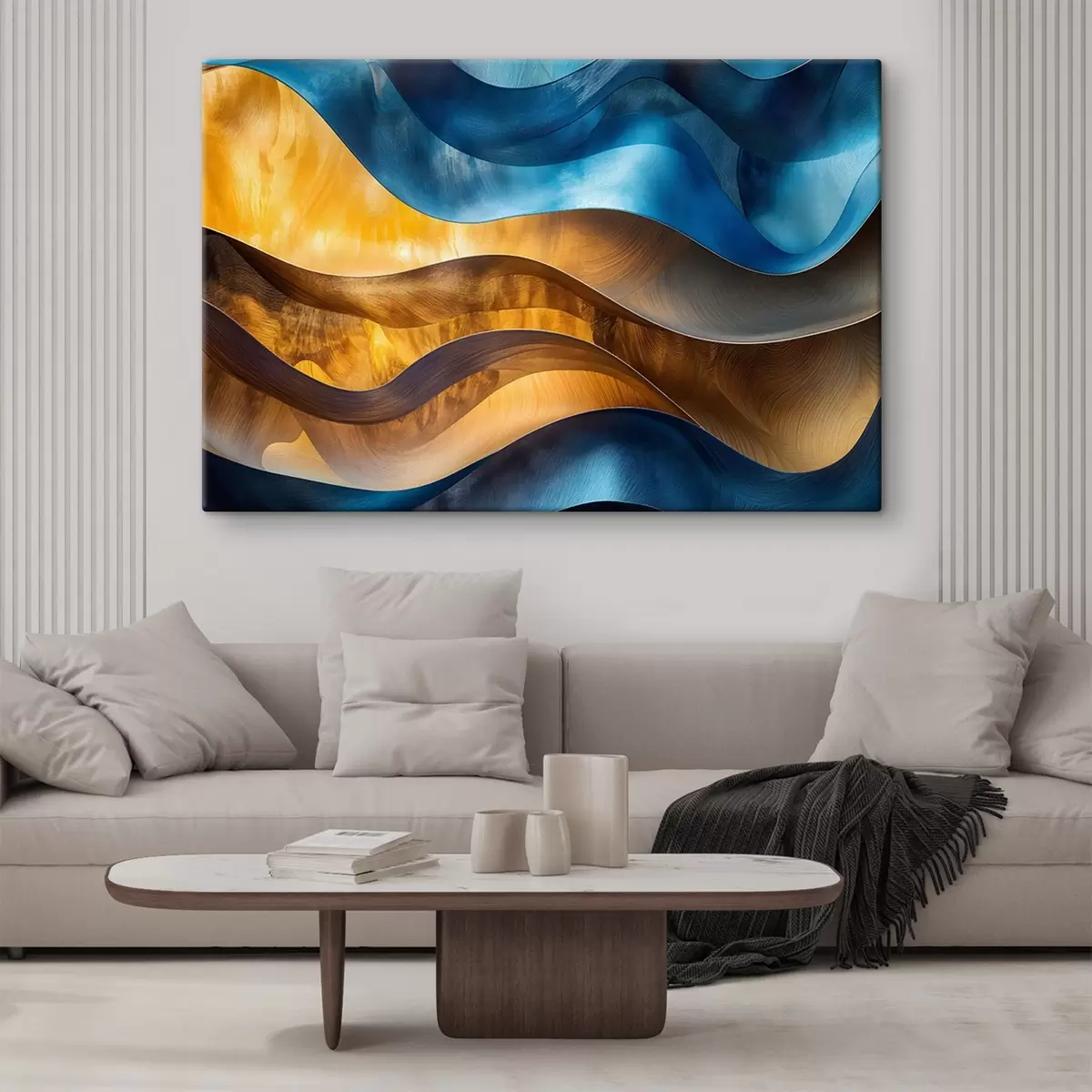  Schilderijen Abstracte moderne kunst golvende vormen in tinten blauw, oranje en bruin s42224