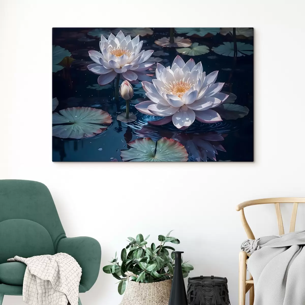  Schilderijen Witte lotusbloemen drijvend op een kalme vijver met lelieblad s42225