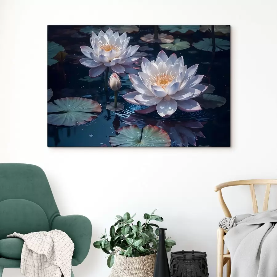  Schilderijen Witte lotusbloemen drijvend op een kalme vijver met lelieblad s42225