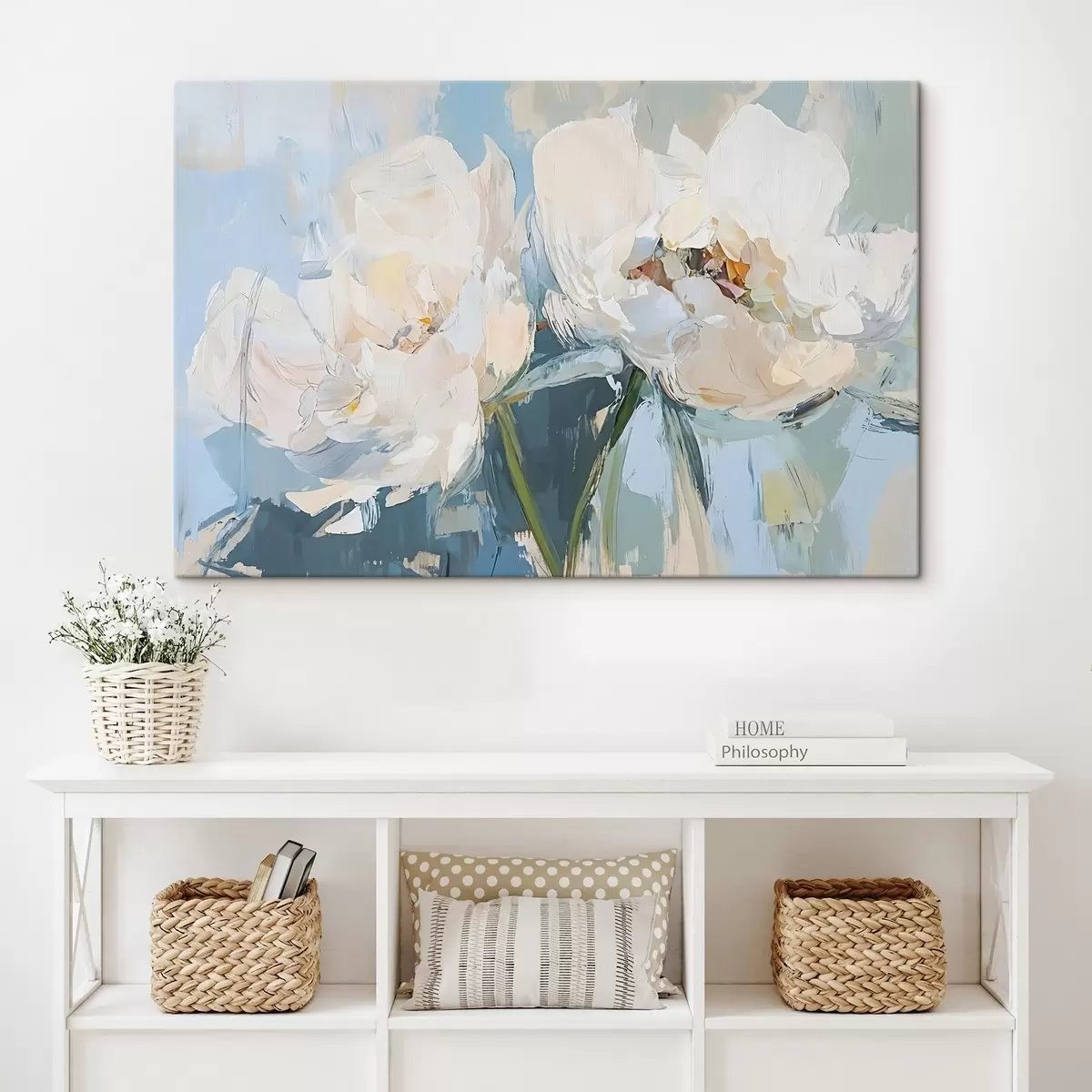  Peintures Peinture à l'huile abstraite minimaliste blanche imitant les pivoines sur un fond bleu doux s42226