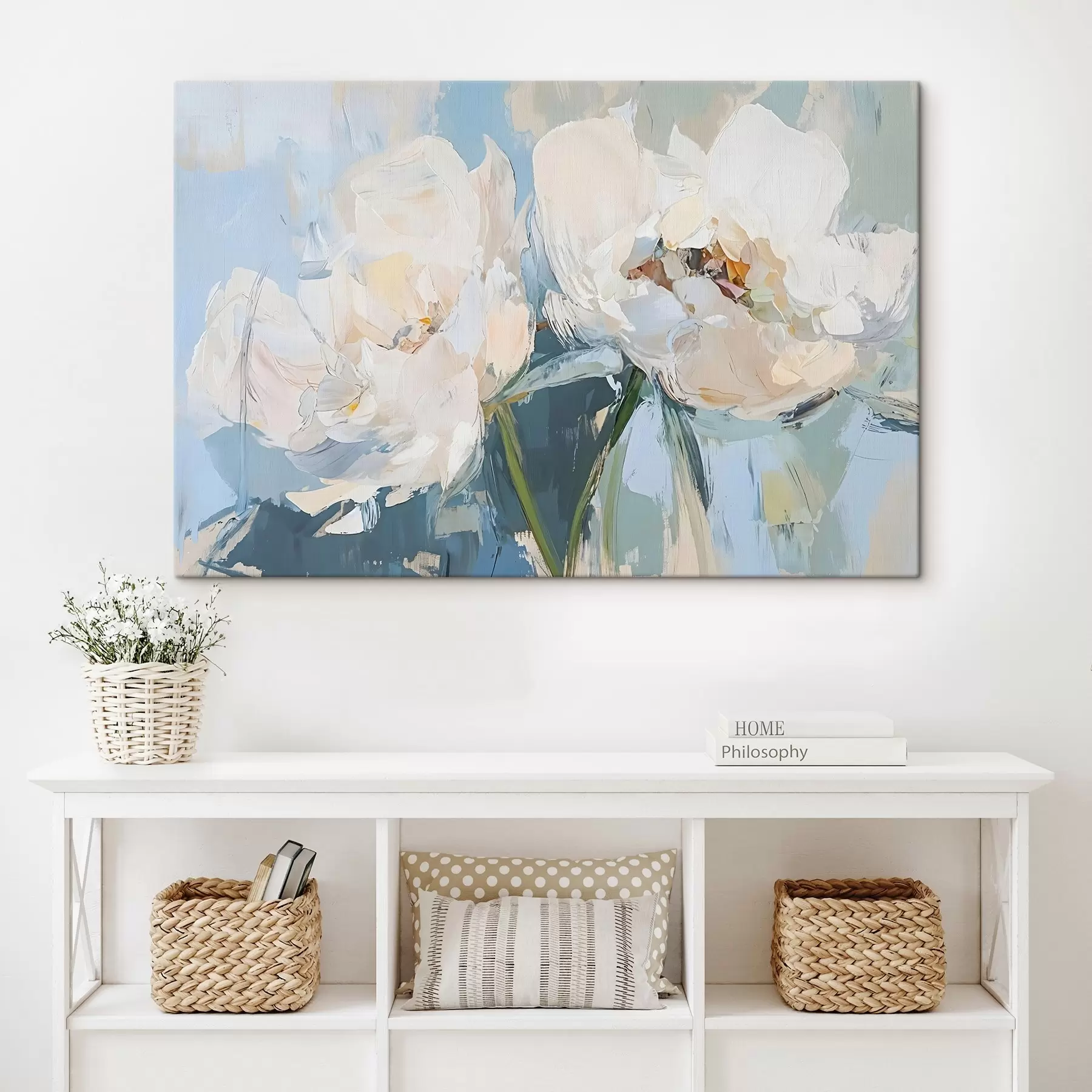  Peintures Peinture à l'huile abstraite minimaliste blanche imitant les pivoines sur un fond bleu doux s42226