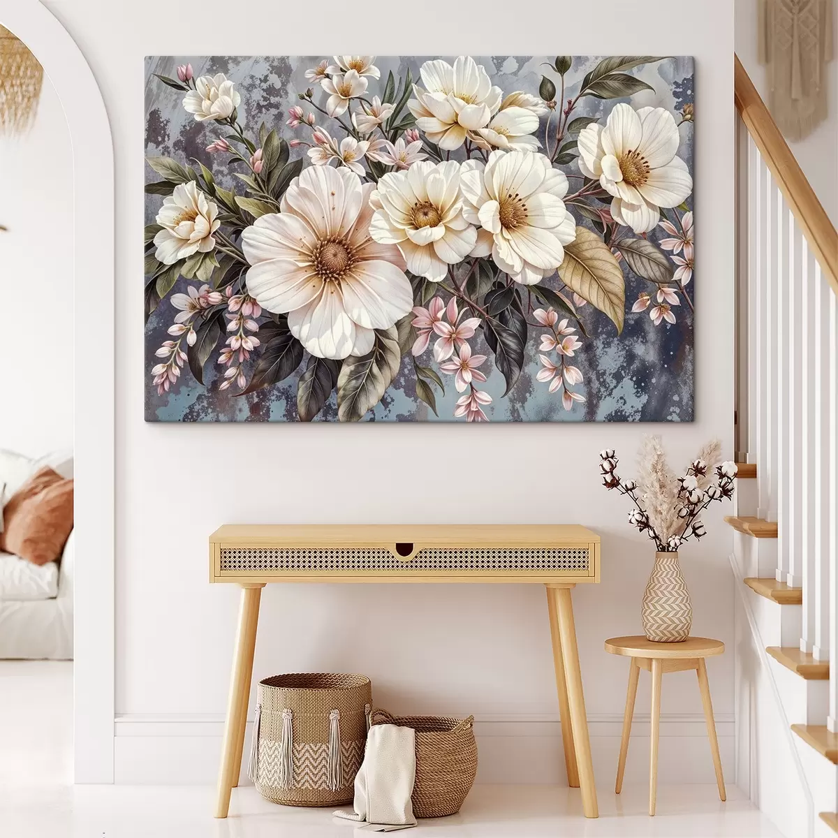  Schilderijen Een levendig boeket van grote gedetailleerde witte en roze dahliabloemen met groene bladeren tegen een donkere achtergrond s42227