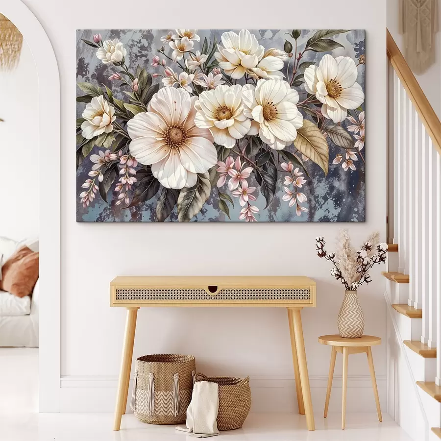  Peintures Un bouquet vibrant de grandes fleurs de dahlia blanches et roses détaillées avec des feuilles vertes sur un fond sombre s42227