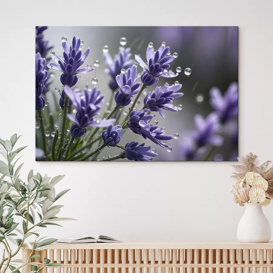  Peintures Fleurs violettes lavande avec des gouttes d'eau sur les pétales, sur un fond flou s42229