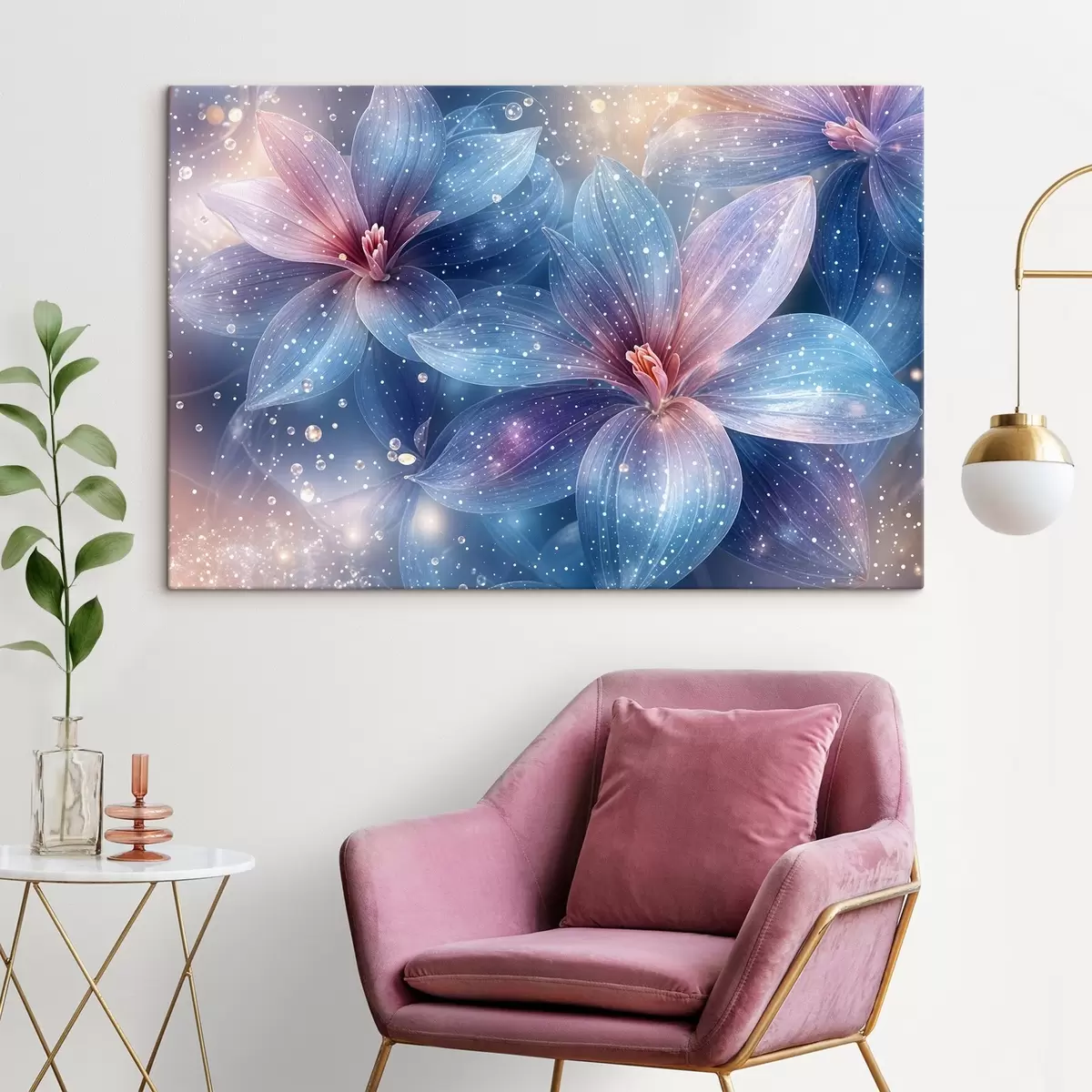  Schilderijen Levendige en etherische bloemen met zachte pastelkleurige bloemblaadjes tegen een dromerige achtergrond met sterren s42231