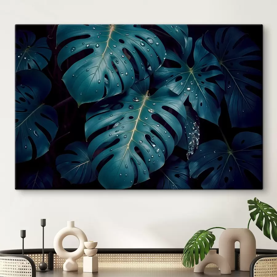  Peintures Feuilles de monstera tropicales luxuriantes avec des gouttelettes d'eau sur un fond sombre, créant une impression lunatique et atmosphérique s42233