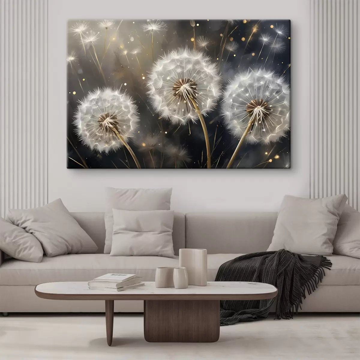  Peintures Fleurs de pissenlit avec leurs têtes de graines blanches et duveteuses sur un fond sombre, créant une atmosphère magique s42235