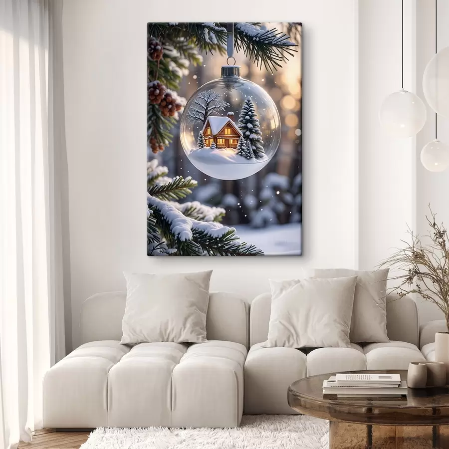 Papier peint photo Globe de Noël en verre avec un paysage hivernal enneigé à l'intérieur, représentant une cabane confortable dans les bois avec des pins s42236