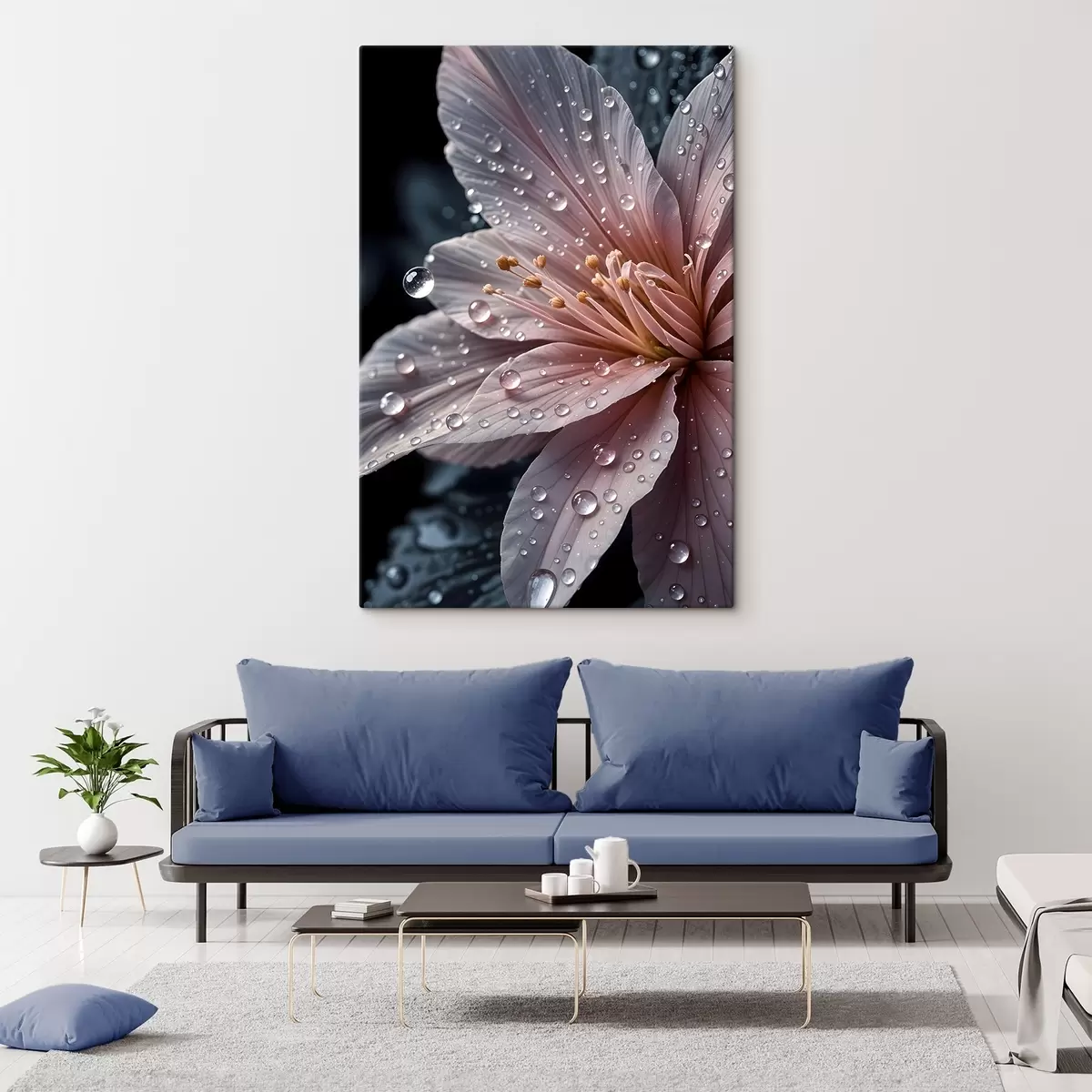  Peintures Gros plan d'une fleur rose aux pétales délicats couverts de gouttelettes d'eau, sur un fond sombre s42237