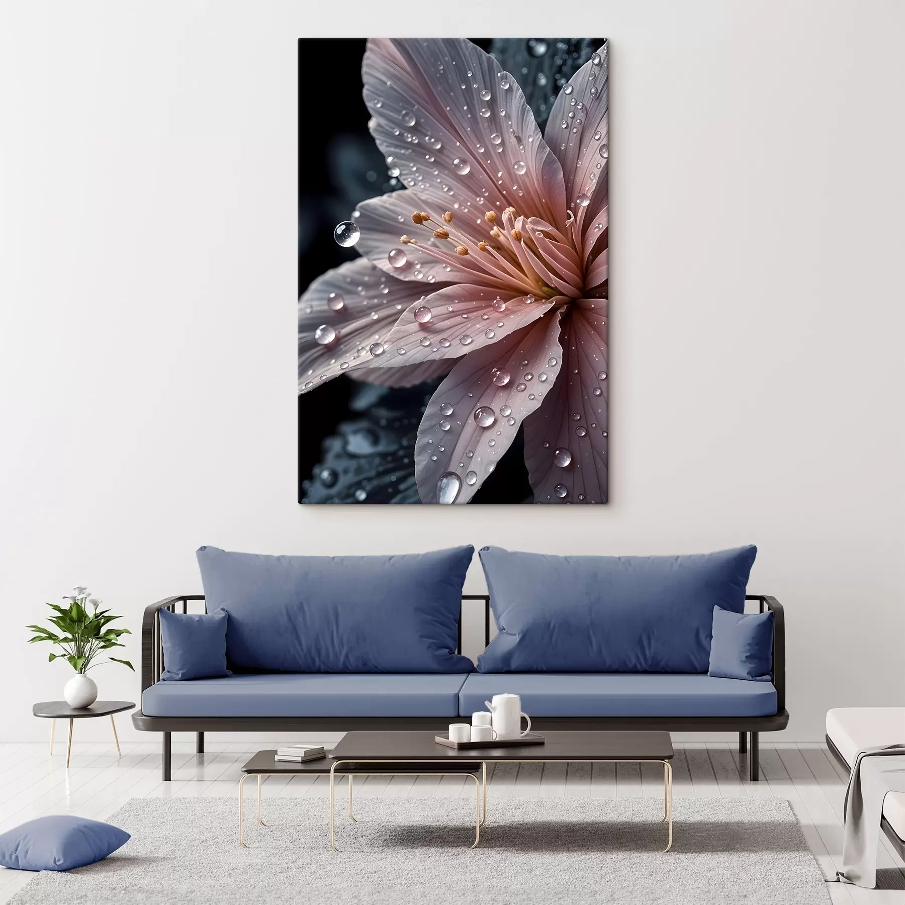 Fotobehang Een close-up van een roze bloem met tere bloemblaadjes bedekt met waterdruppels, tegen een donkere achtergrond s42237