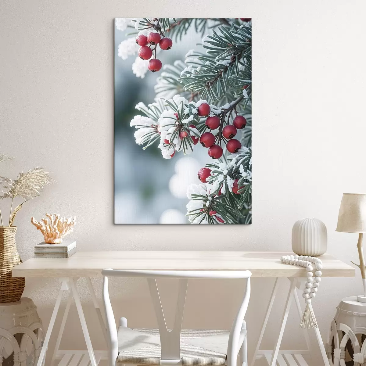  Schilderijen Besneeuwde dennentak met rode bessen , winterscène s42238