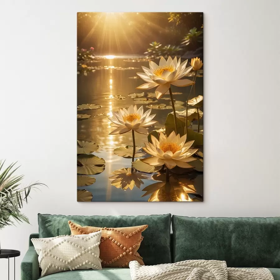  Peintures Fleurs de lotus blanches flottant sur un étang calme avec le soleil, créant une atmosphère sereine et tranquille s42239