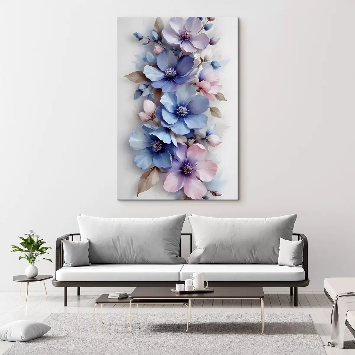 Peintures Délicates fleurs bleues et roses aux pétales et aux centres doux, disposées dans un magnifique imprimé floral sur un fond clair s42241