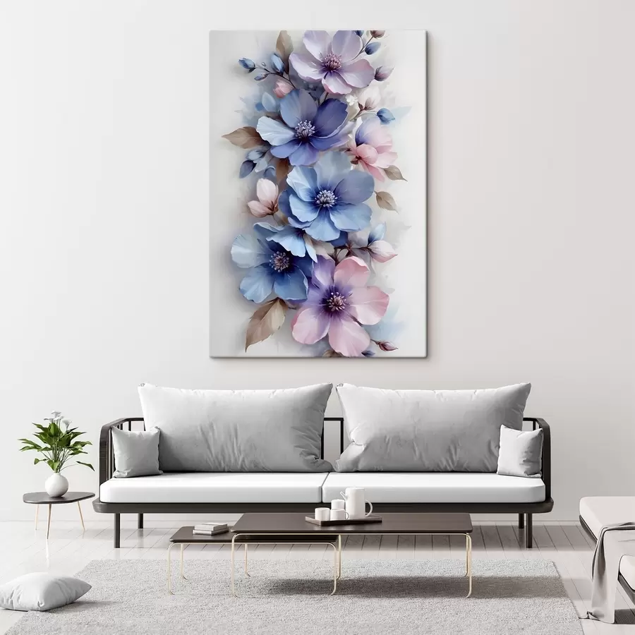 Peintures Délicates fleurs bleues et roses aux pétales et aux centres doux, disposées dans un magnifique imprimé floral sur un fond clair s42241