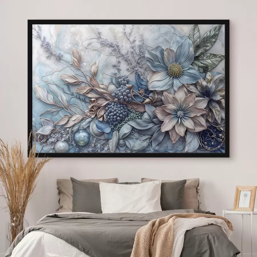 Fotobehang Een gedetailleerde textuur van abstracte weelderige bloemen met grote, levendige blauwe en roze bloemen, bessen en andere botanische elementen f42210