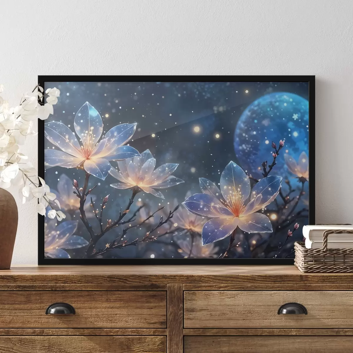 Poster Abstracte fantasie bloemen op takken met getextureerde bloemblaadjes met sterren en een maan in een nachtelijke hemel achtergrond f42211