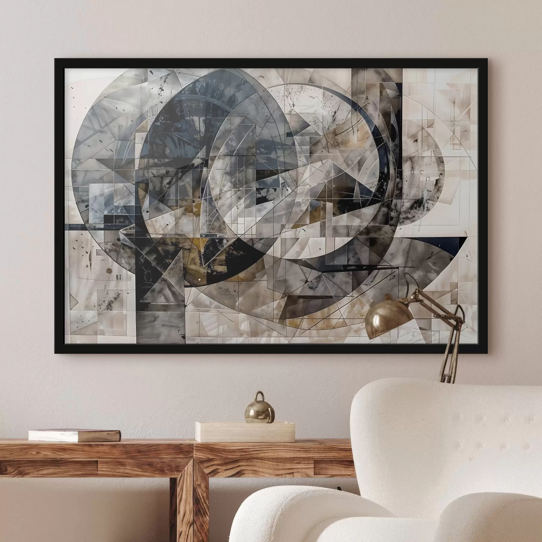 Fotobehang Een abstracte moderne geometrische compositie met overlappende vormen en print in grijstinten, zwart en beige f42212