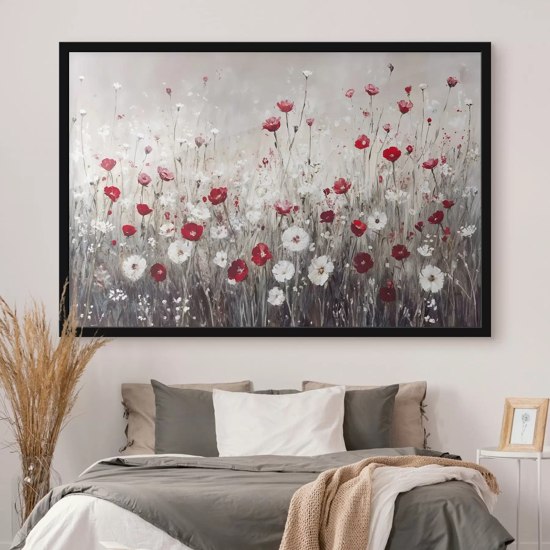 Fotobehang Abstracte imitatie van olieverfschilderij een veld van rode en witte klaprozen en madeliefjes bloemen tegen een grijze texturale achtergrond f42213