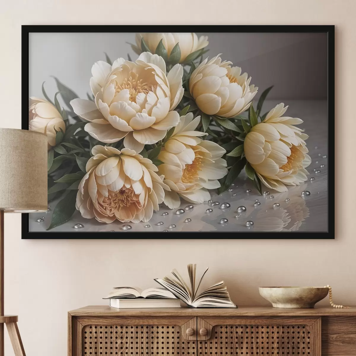 Poster Crèmekleurige gedetailleerde pioenbloemen met donkergroene bladeren op een grijze achtergrond f42215