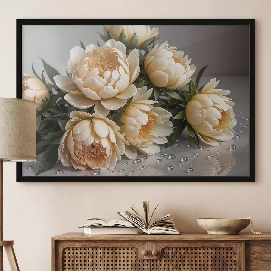 Papier peint photo Fleurs de pivoines détaillées de couleur crème avec des feuilles vertes foncées sur un fond gris f42215