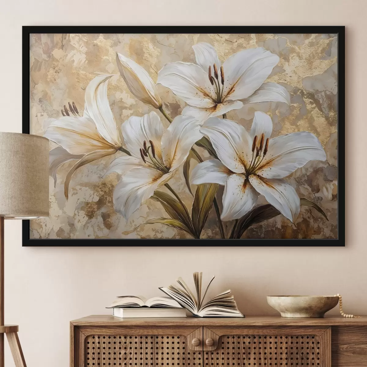 Affiche Lys blancs avec centre jaune sur fond beige texturé f42216