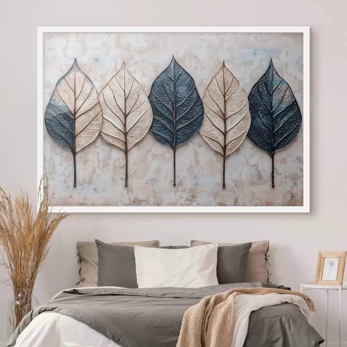 Affiche Feuilles d'automne abstraites assorties dans différentes nuances de brun, de beige et de bleu, disposées en rang sur un fond clair f42217