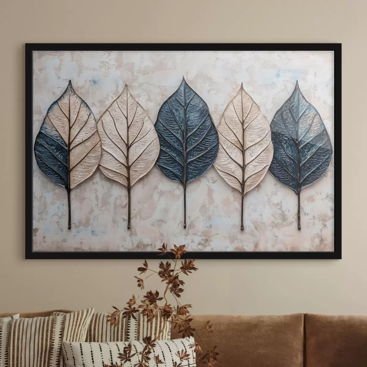 Poster Geassorteerde abstracte herfstbladeren in verschillende tinten bruin, beige en blauw, gerangschikt in een rij op een lichte achtergrond f42217