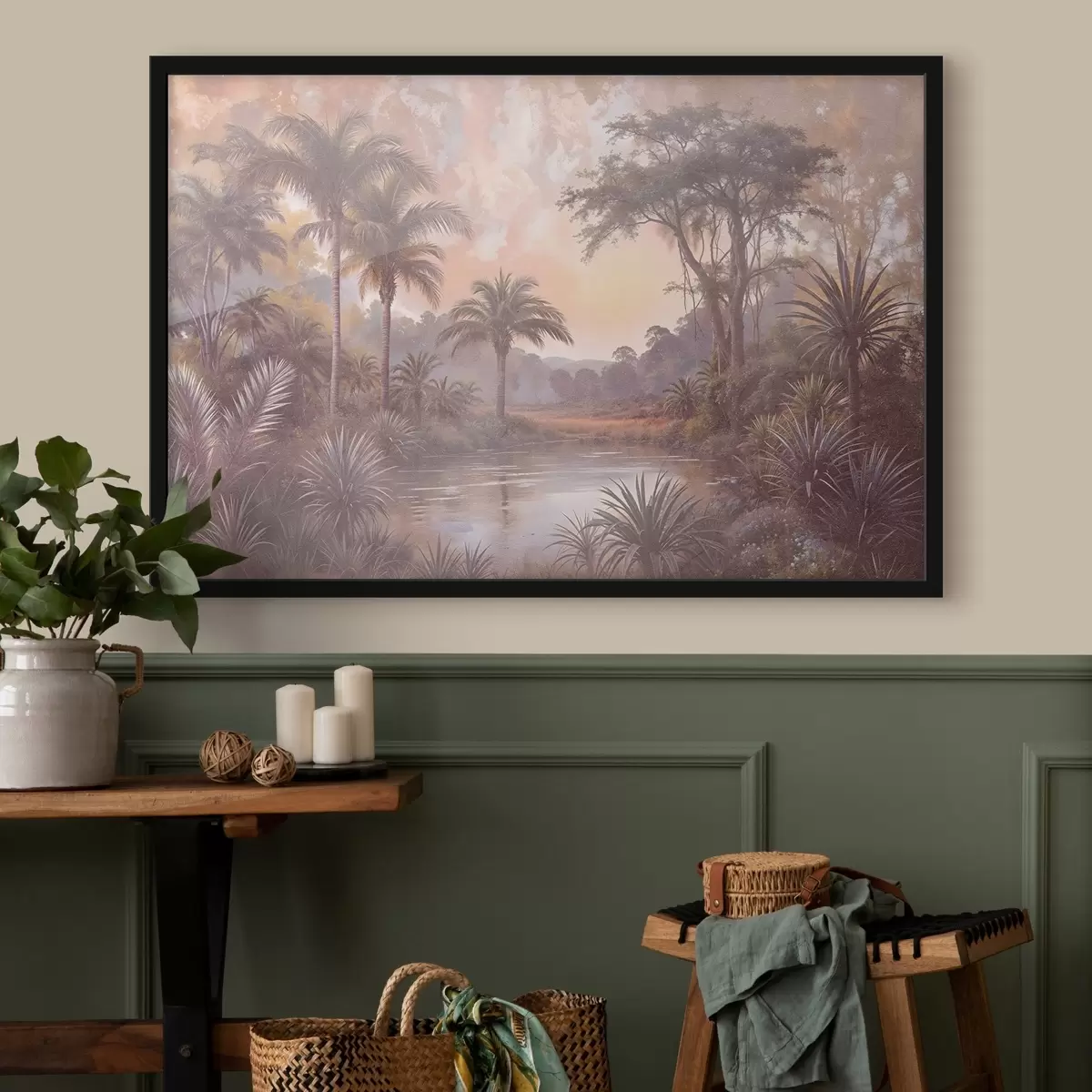 Poster Een tropisch landschap met een sereen meer omringd door weelderige palmbomen en ander gebladerte f42219