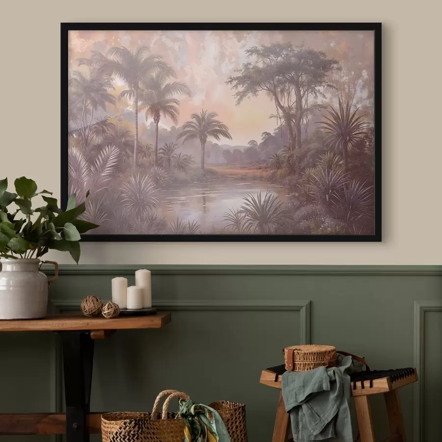 Fotobehang Een tropisch landschap met een sereen meer omringd door weelderige palmbomen en ander gebladerte f42219