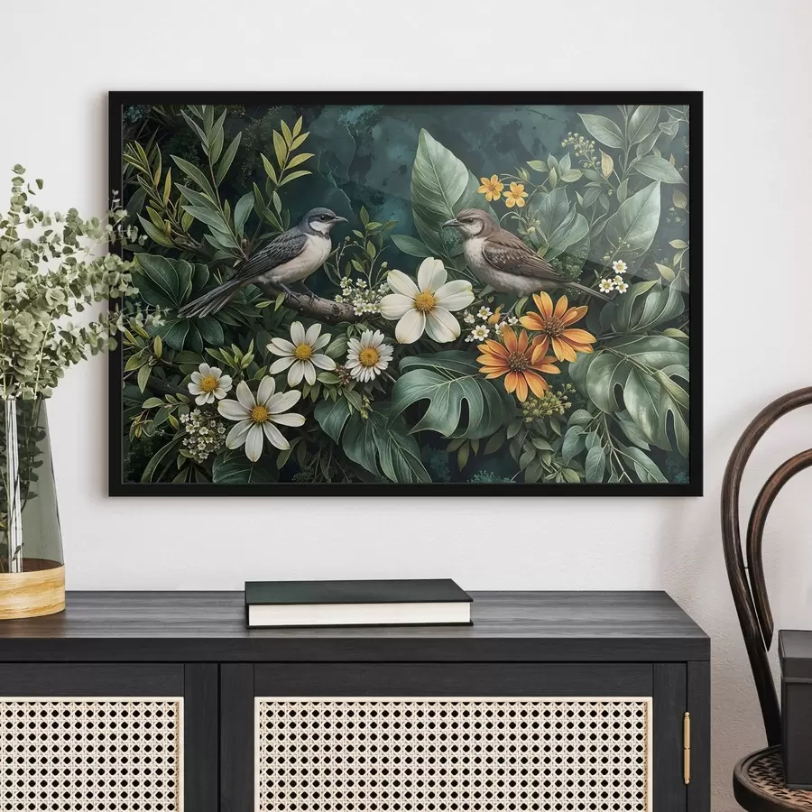 Papier peint photo Petits oiseaux perchés sur des branches, entourés d'un feuillage tropical luxuriant, comprenant de grandes feuilles vertes et des fleurs colorées f42220