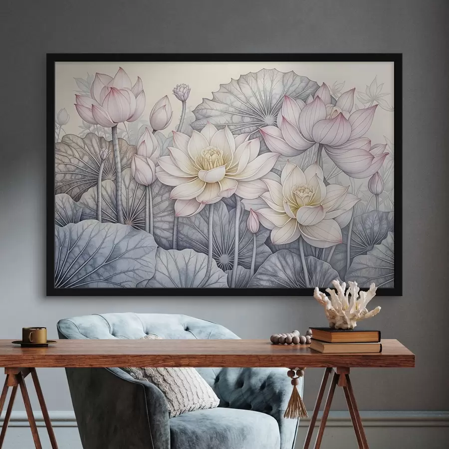 Fotobehang Grote roze en witte lotusbloemen met groene bladeren en stelen op een lichte achtergrond met gedetailleerde bloemblaadjes en hartjes f42221