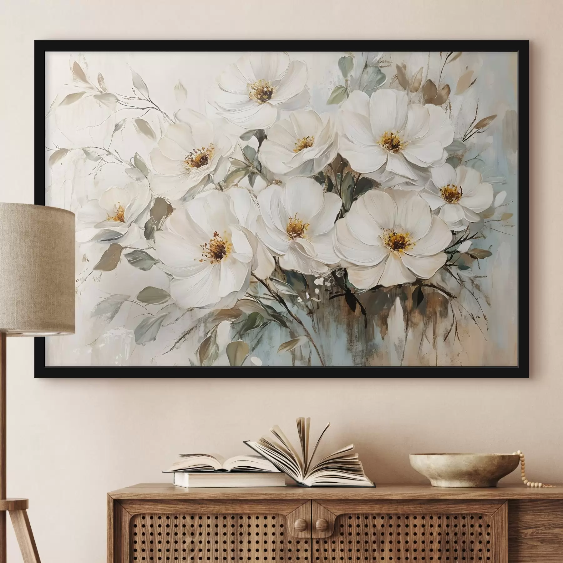 Fotobehang Een boeket grote witte bloemen in olieverfstijl met gele harten tegen een lichte achtergrond f42222