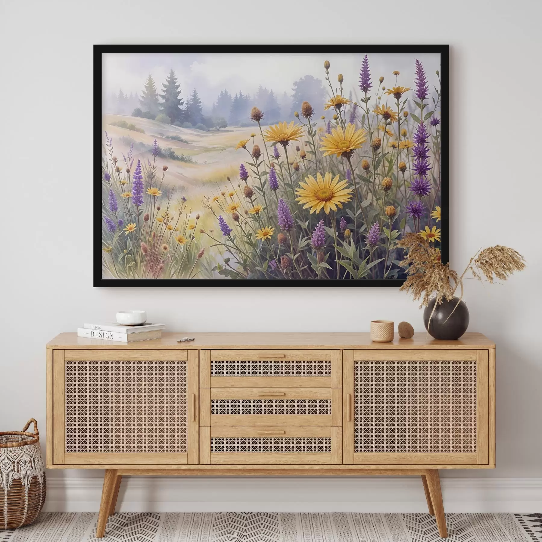 Fotobehang Een veld met gele zonnebloemen en paarse wilde bloemen in een mistig boslandschap met pijnbomen op de achtergrond f42223