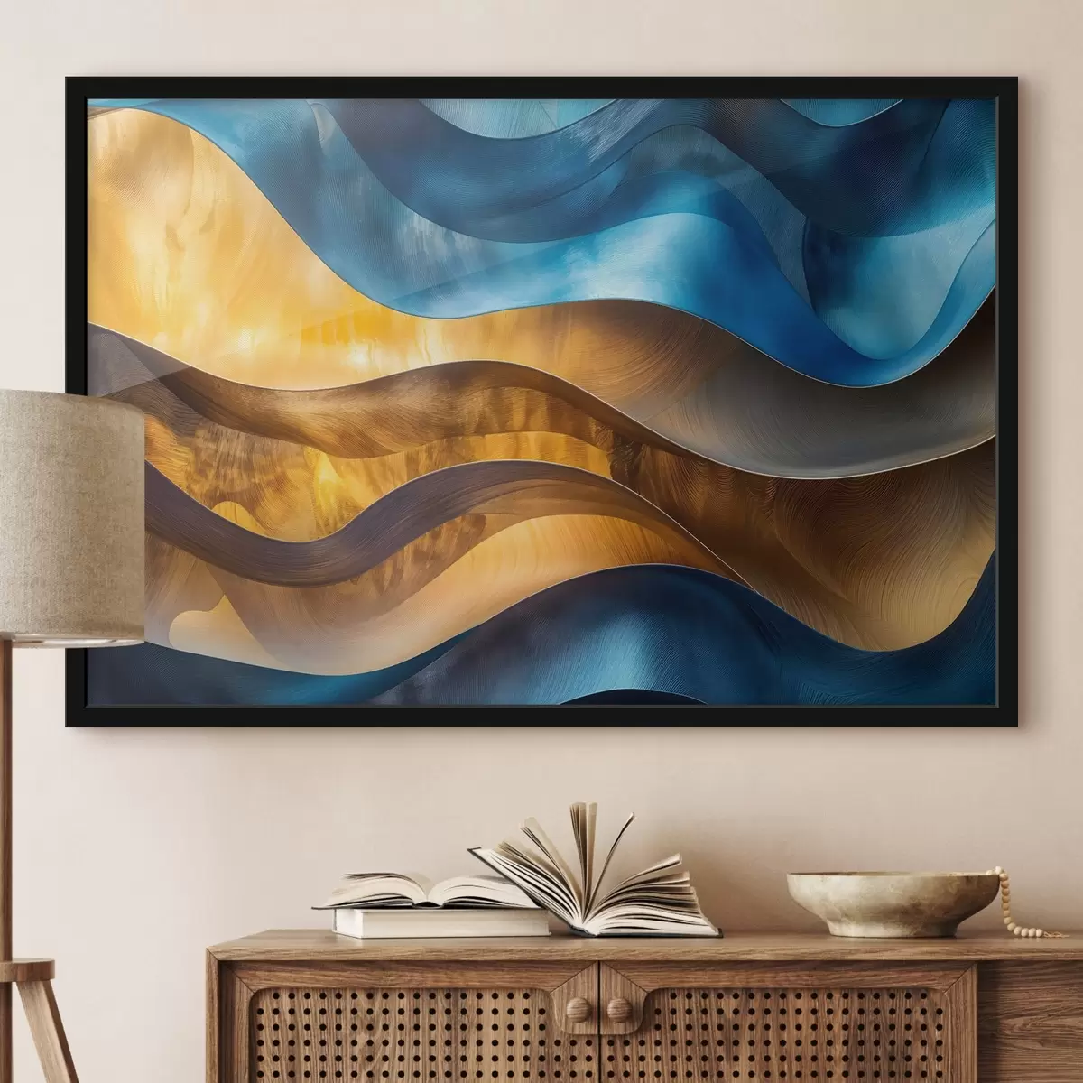 Affiche Art moderne abstrait formes ondulées dans les tons bleu, orange et marron f42224