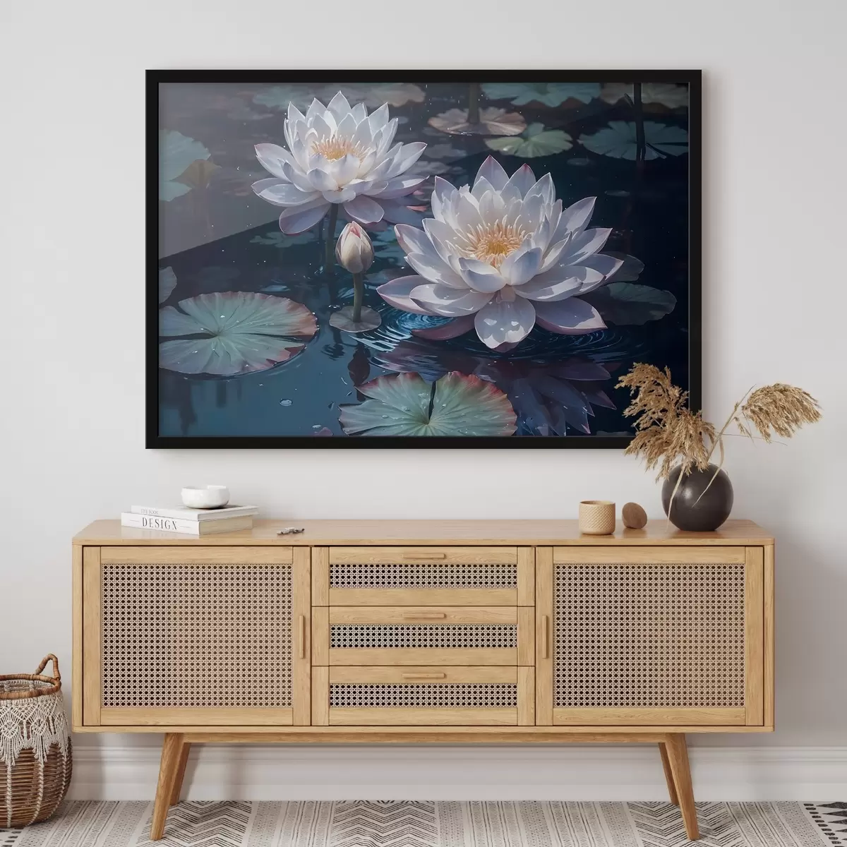 Poster Witte lotusbloemen drijvend op een kalme vijver met lelieblad f42225