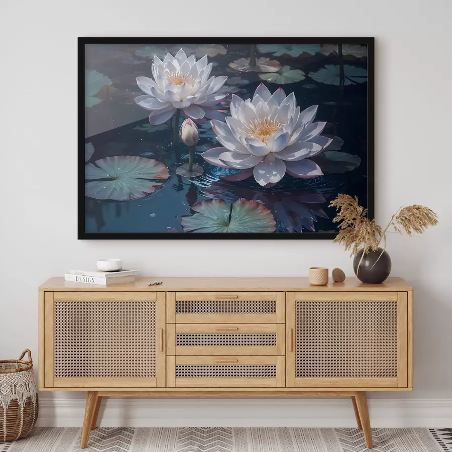 Fotobehang Witte lotusbloemen drijvend op een kalme vijver met lelieblad f42225