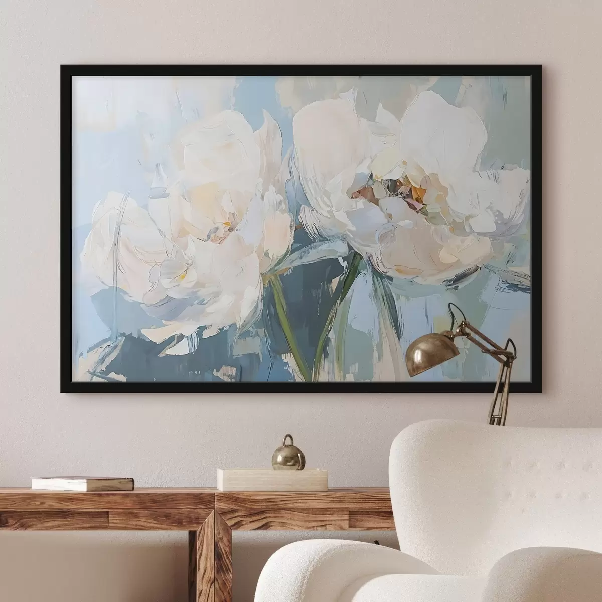 Affiche Peinture à l'huile abstraite minimaliste blanche imitant les pivoines sur un fond bleu doux f42226