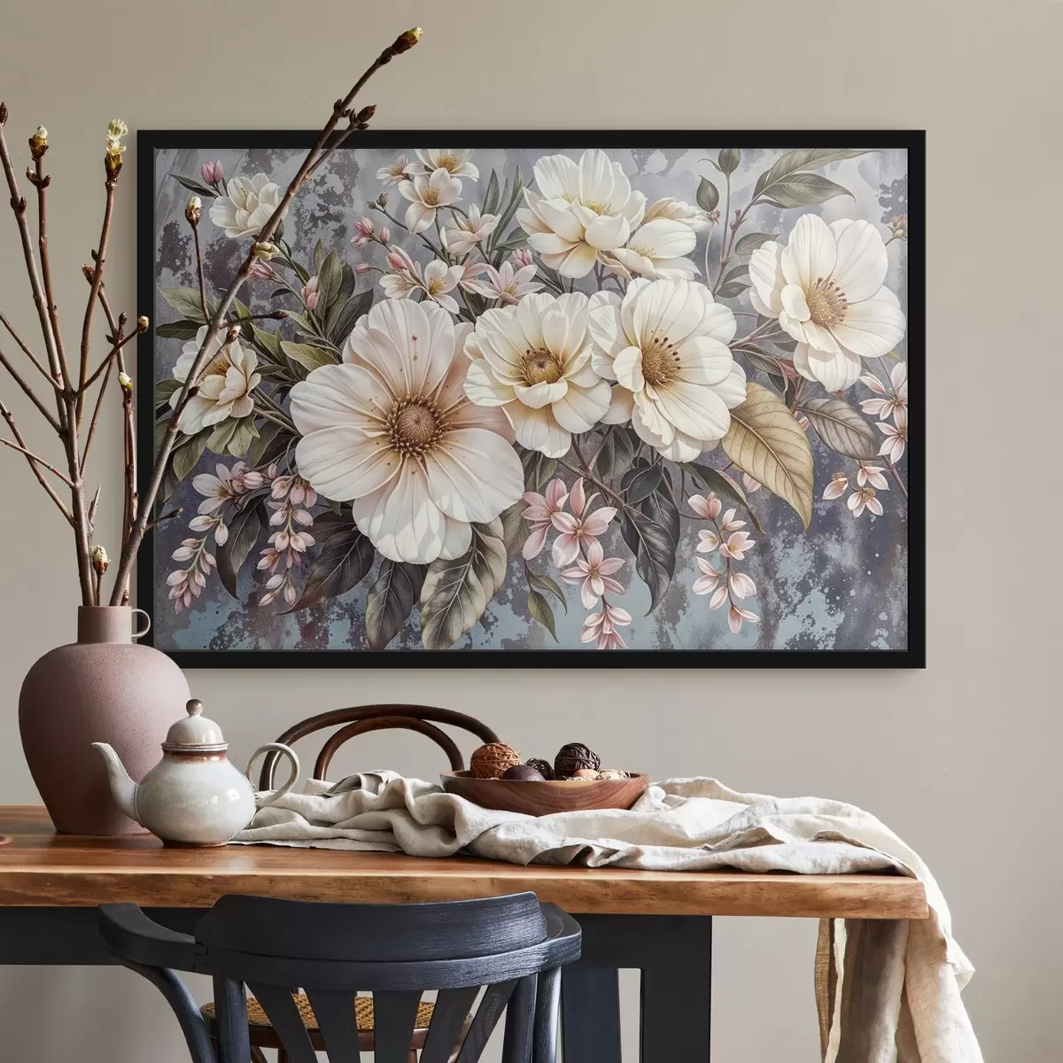 Affiche Un bouquet vibrant de grandes fleurs de dahlia blanches et roses détaillées avec des feuilles vertes sur un fond sombre f42227