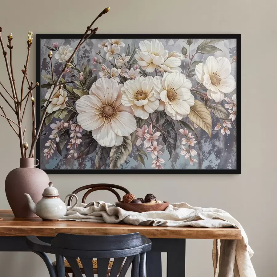 Fotobehang Een levendig boeket van grote gedetailleerde witte en roze dahliabloemen met groene bladeren tegen een donkere achtergrond f42227