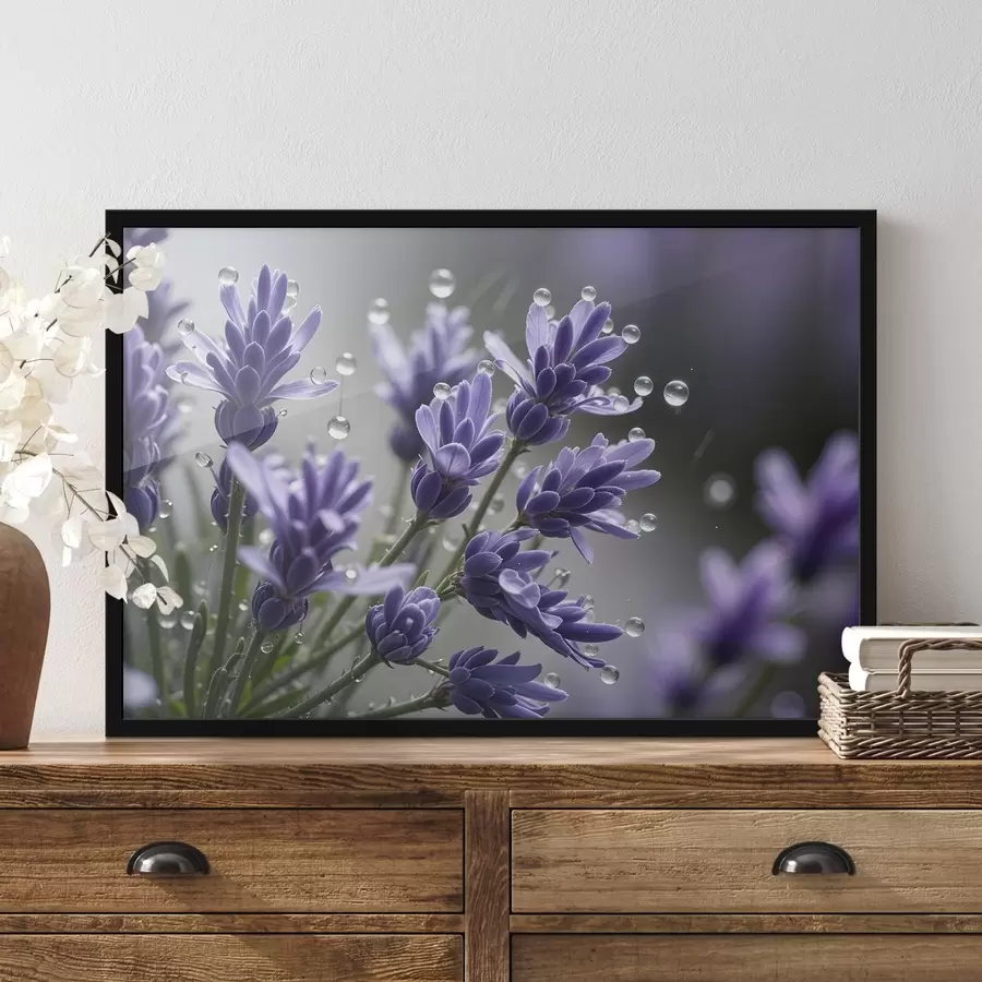 Papier peint photo Fleurs violettes lavande avec des gouttes d'eau sur les pétales, sur un fond flou f42229