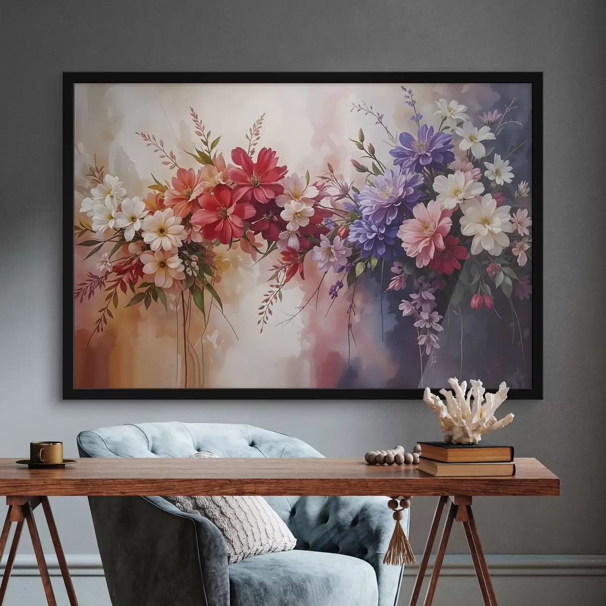 Affiche Fleurs colorées comprenant des dahlias rouges, roses et violets, des marguerites et d'autres fleurs sur un fond doux et flou f42234