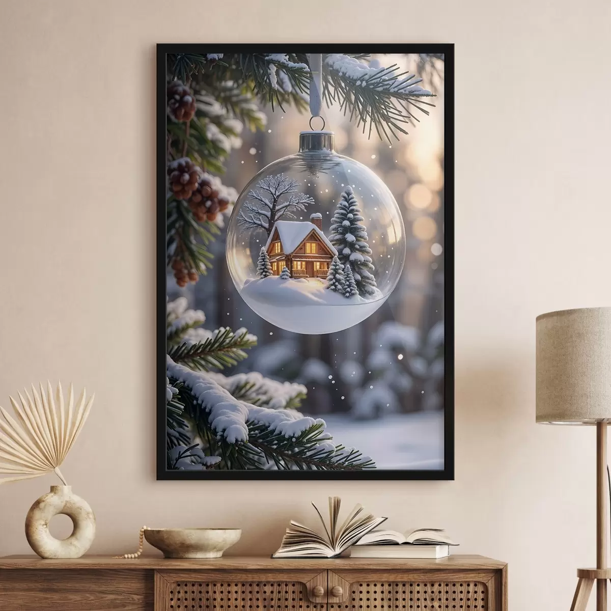 Affiche Globe de Noël en verre avec un paysage hivernal enneigé à l'intérieur, représentant une cabane confortable dans les bois avec des pins f42236