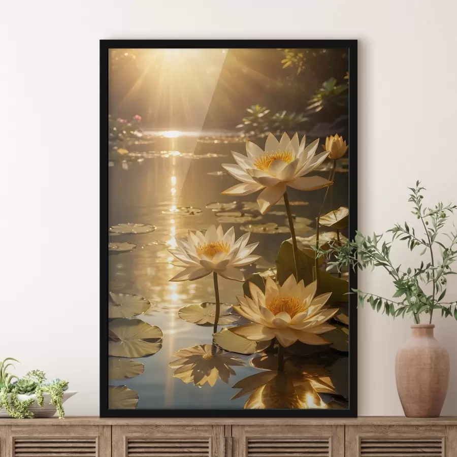 Fotobehang Witte lotusbloemen drijven op een kalme vijver met de zon, waardoor een serene en rustige sfeer ontstaat f42239