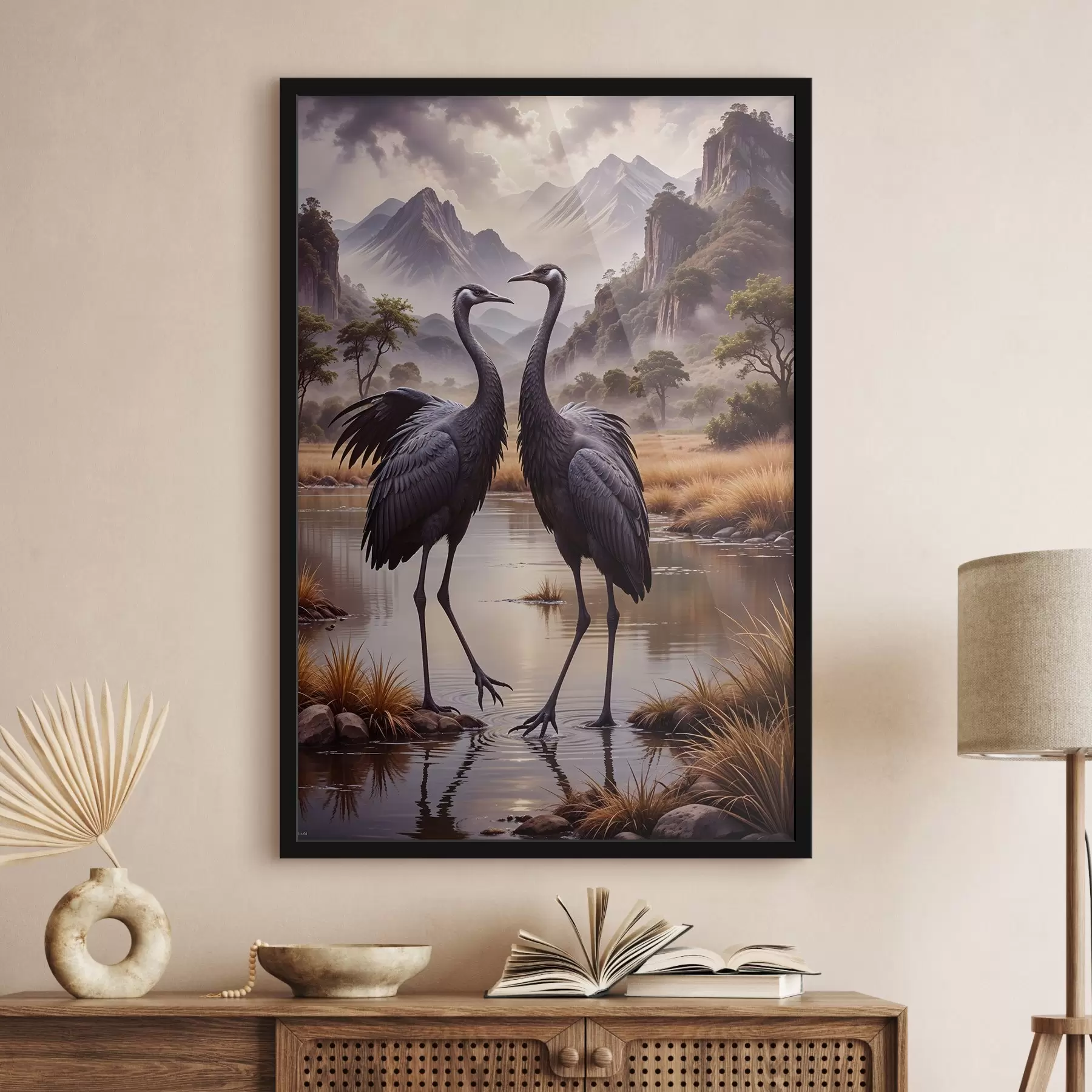 Fotobehang Twee grote zwarte kraanvogels staan in een ondiepe vijver, met een berglandschap op de achtergrond f42240